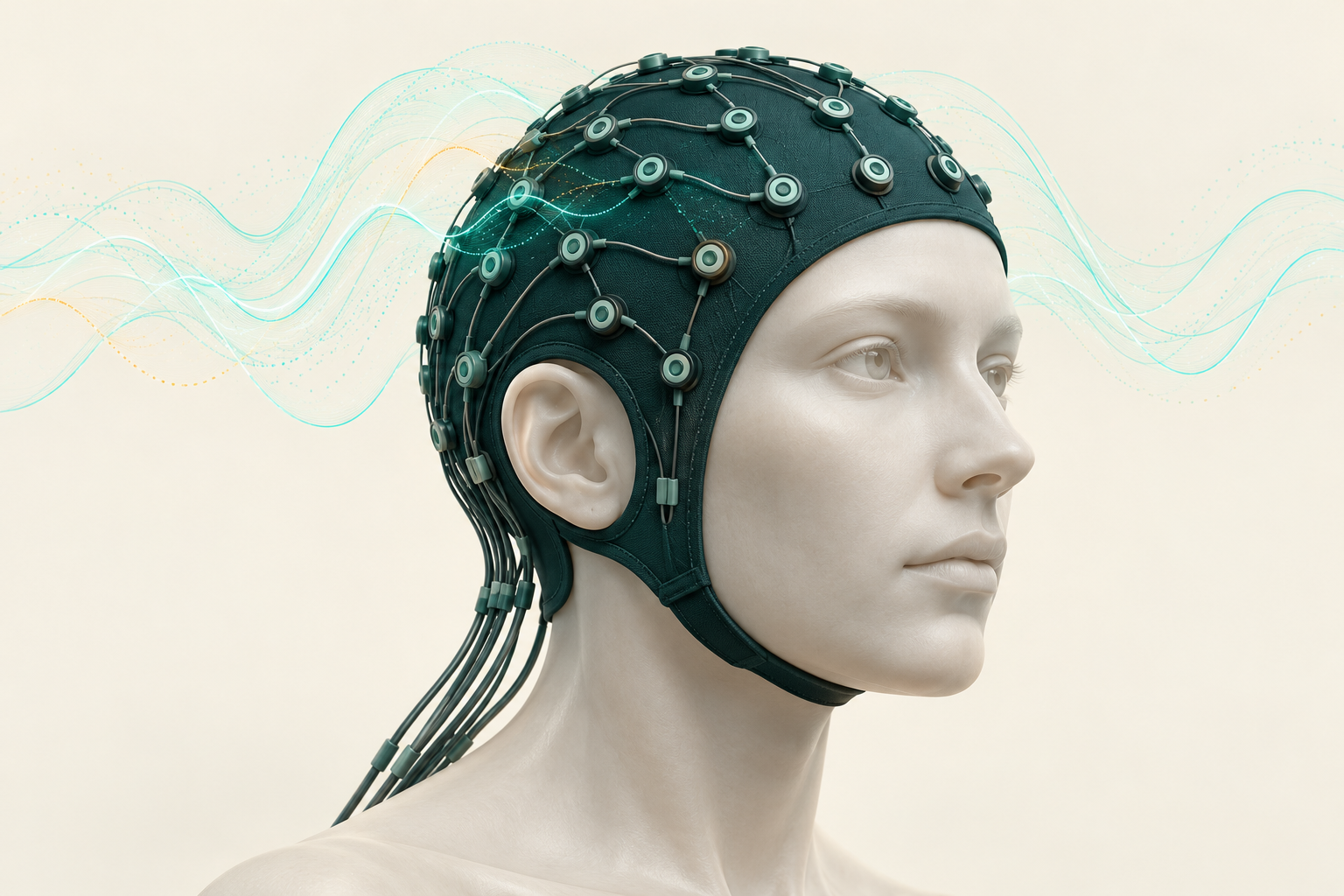 Conceptual porcelain head wearing an EEG cap with scalp electrodes and teal cables.