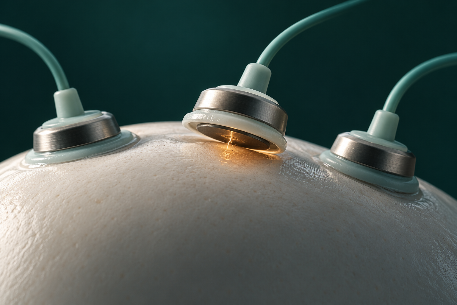 Conceptual close-up of an EEG electrode lifting away from the surface while adjacent contacts remain attached.